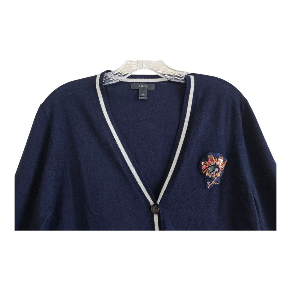 J. CREW Women M Cardigan Sweater 100% Merino Wool Navy Buttons Beaded Brooch 36" - Picture 2 of 8